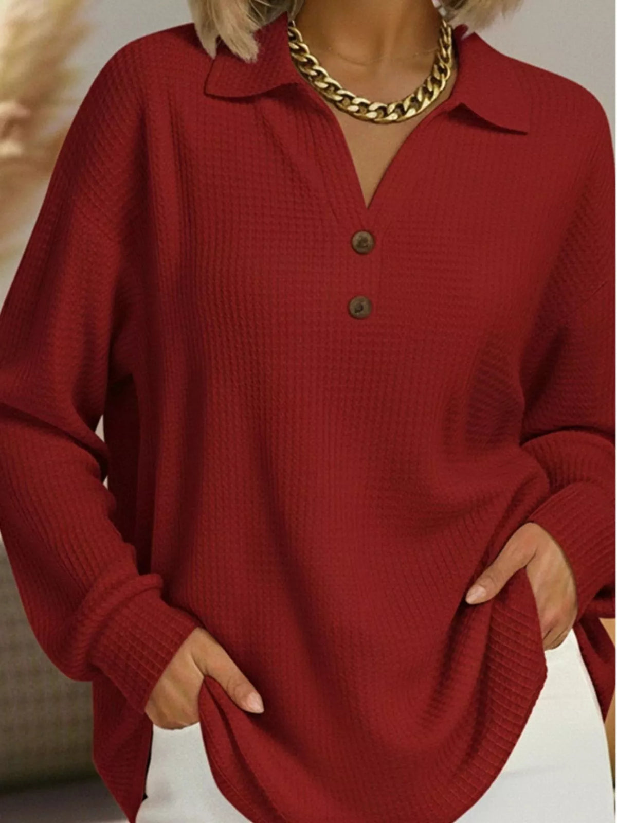 Collared long sleeve top, front view on model
