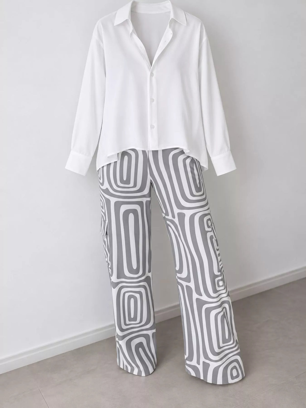 Shirt and geometric pants set, gray flat set