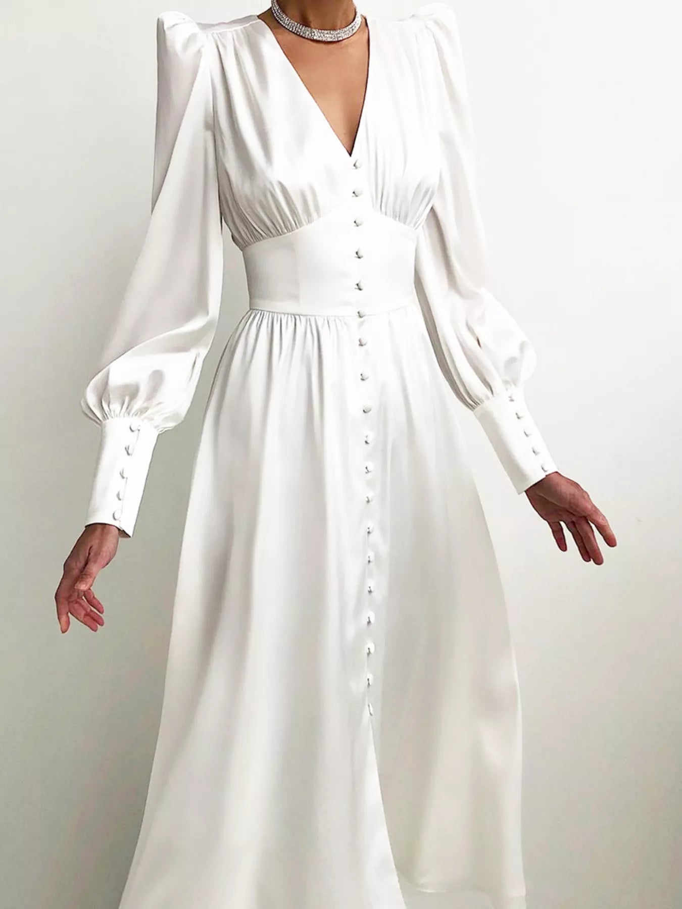 Trendsi Elegant V-Neck Puff Sleeve Button-Down Midi Dress -