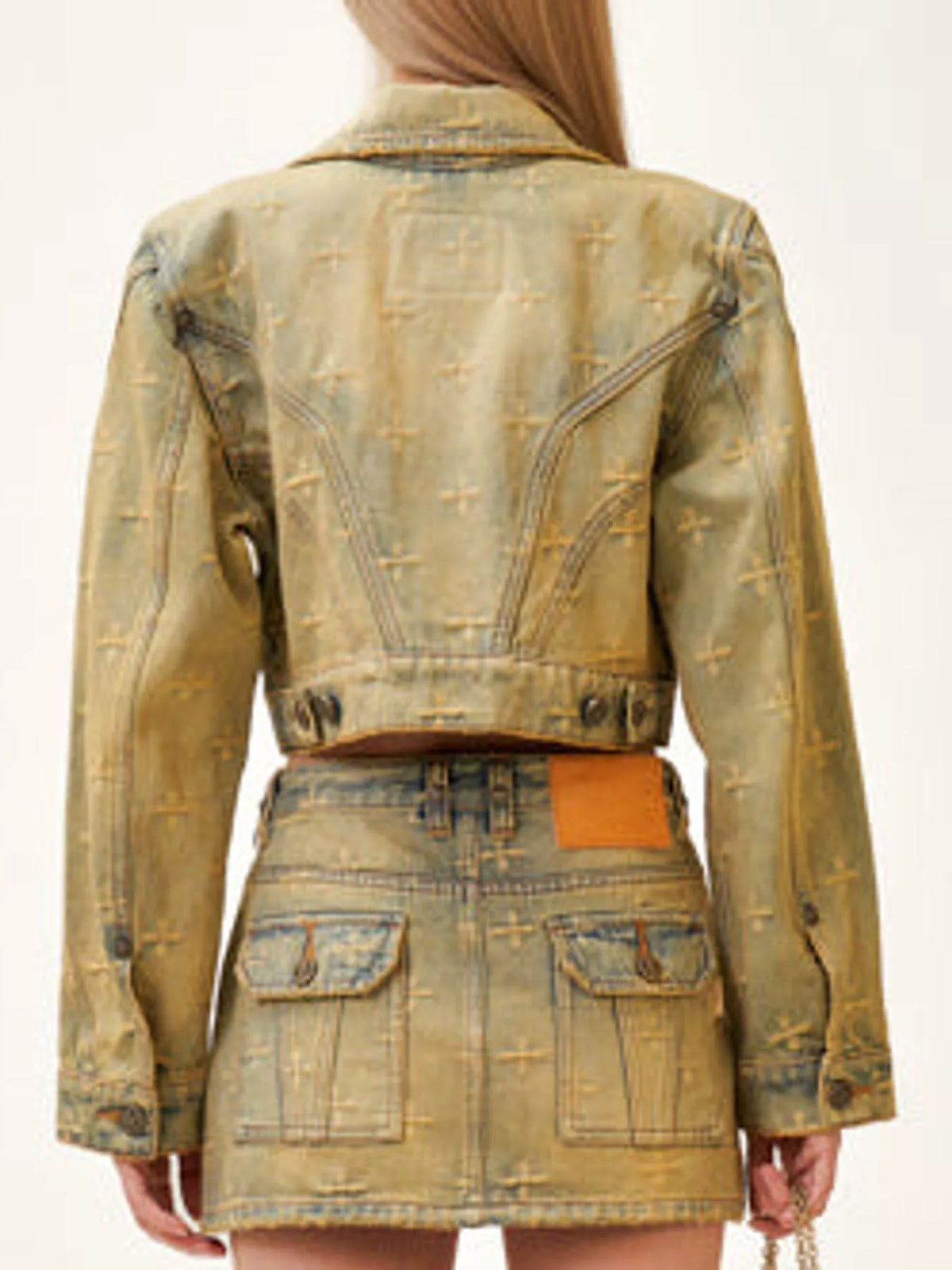 Cross Pattern Cropped Denim Jacket in aurora blue, back view