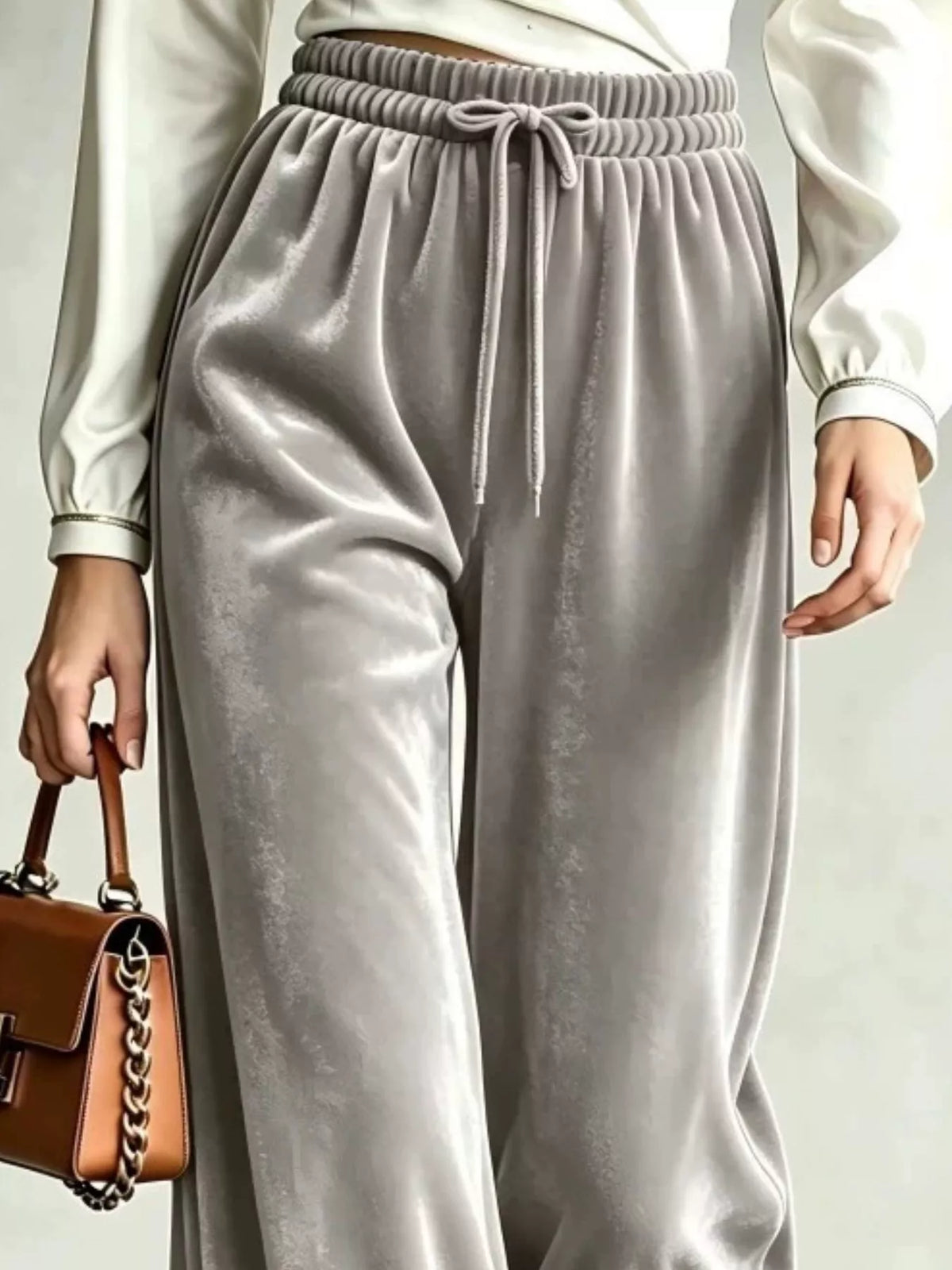 Gray wide-leg drawstring velvet pants, waistband detail
