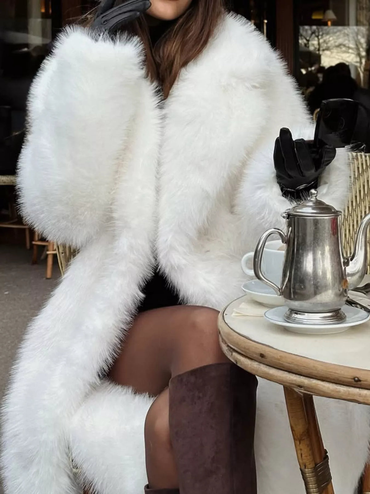 Faux Fur Open Front Longline Coat in white