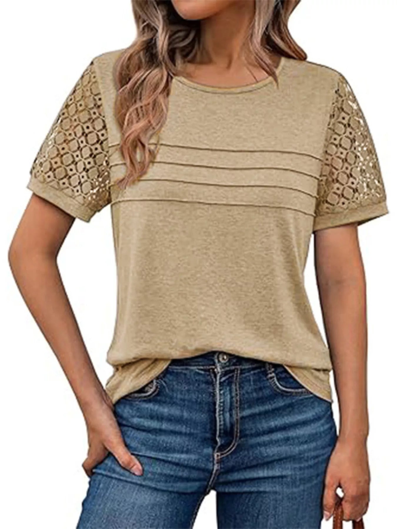 Trendsi Lace Short Sleeve Round Neck T-Shirt -