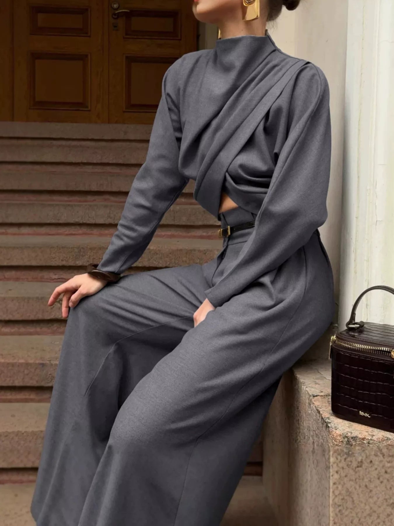 Trendsi Draped Crop Top and Wide-Leg Pants Set -