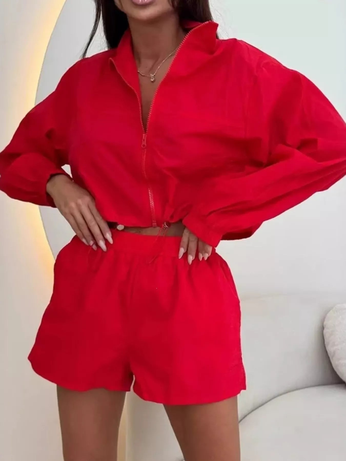 Trendsi Zip-Up Crop Jacket and High-Waisted Shorts Set -