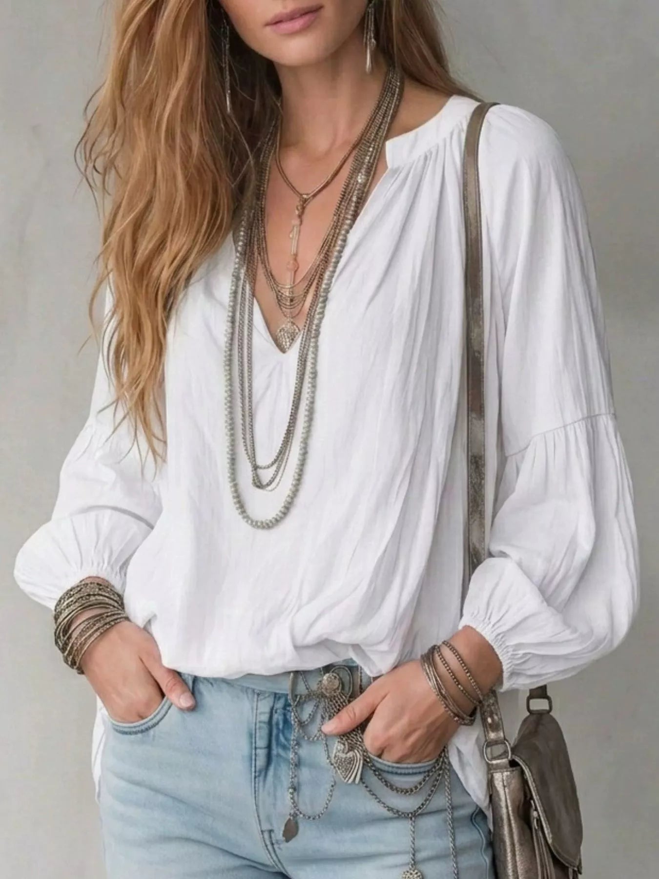 Trendsi Notched Balloon Sleeve Blouse -