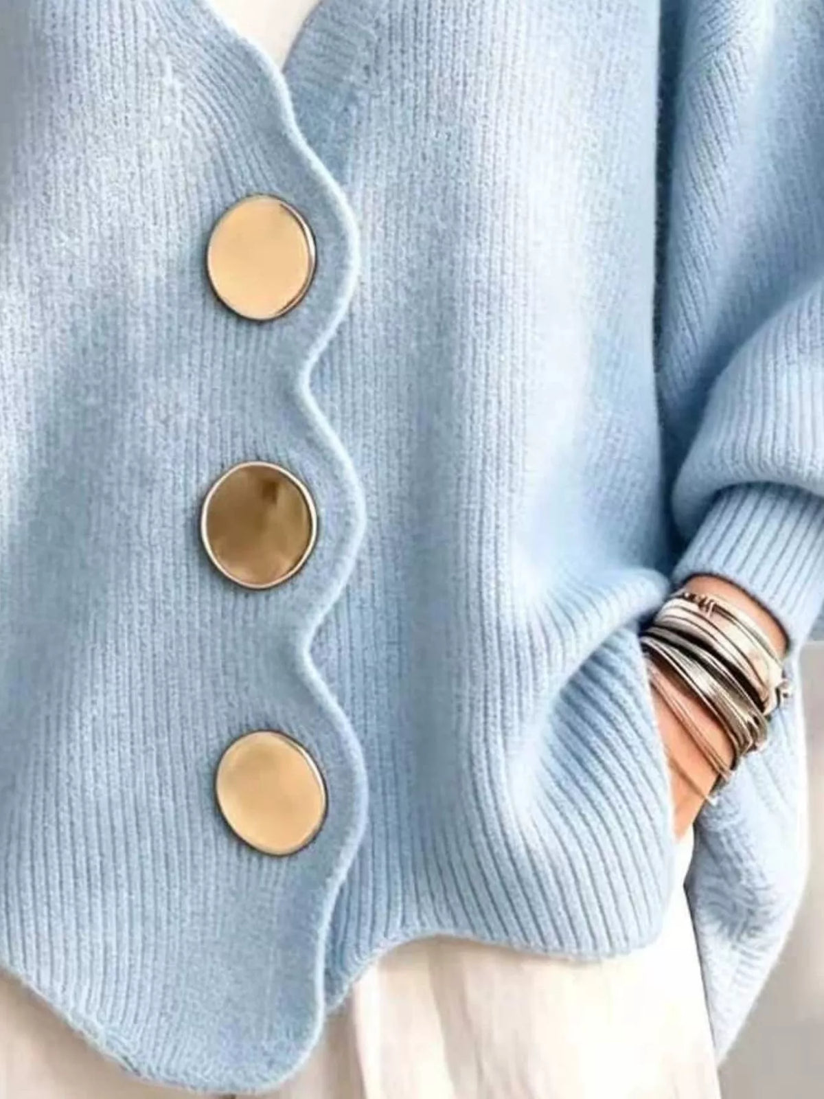Women's Scalloped-Edge Oversized Button-Down Cardigan in Sky Blue, back view