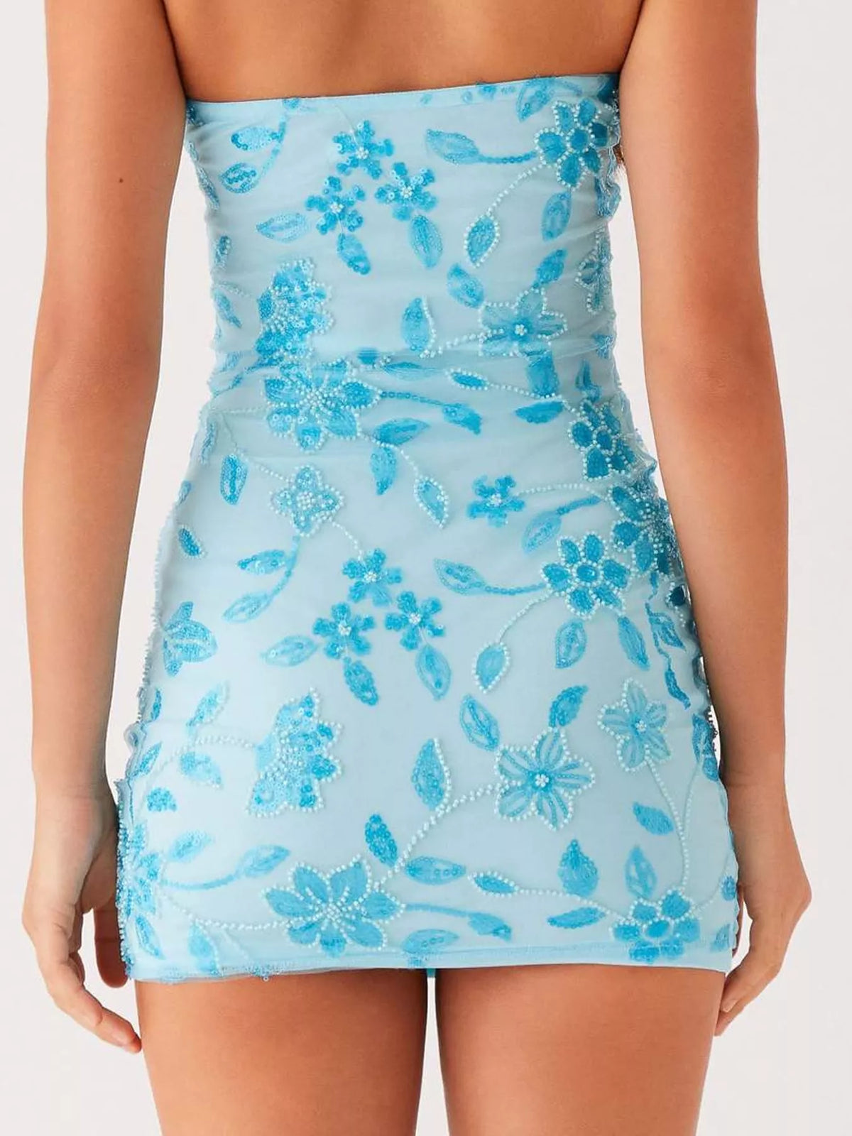 strapless mini dress, back view