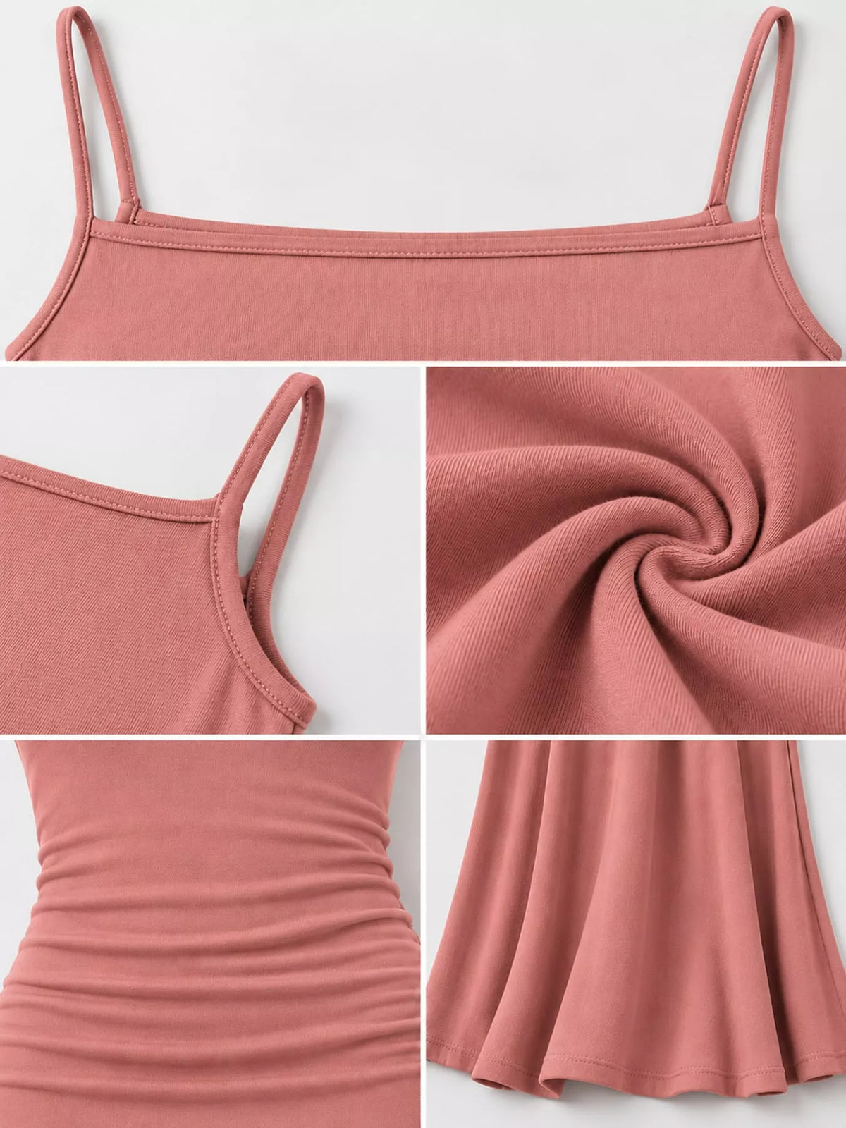 Square neck spaghetti-strap maxi dress, construction and design details
