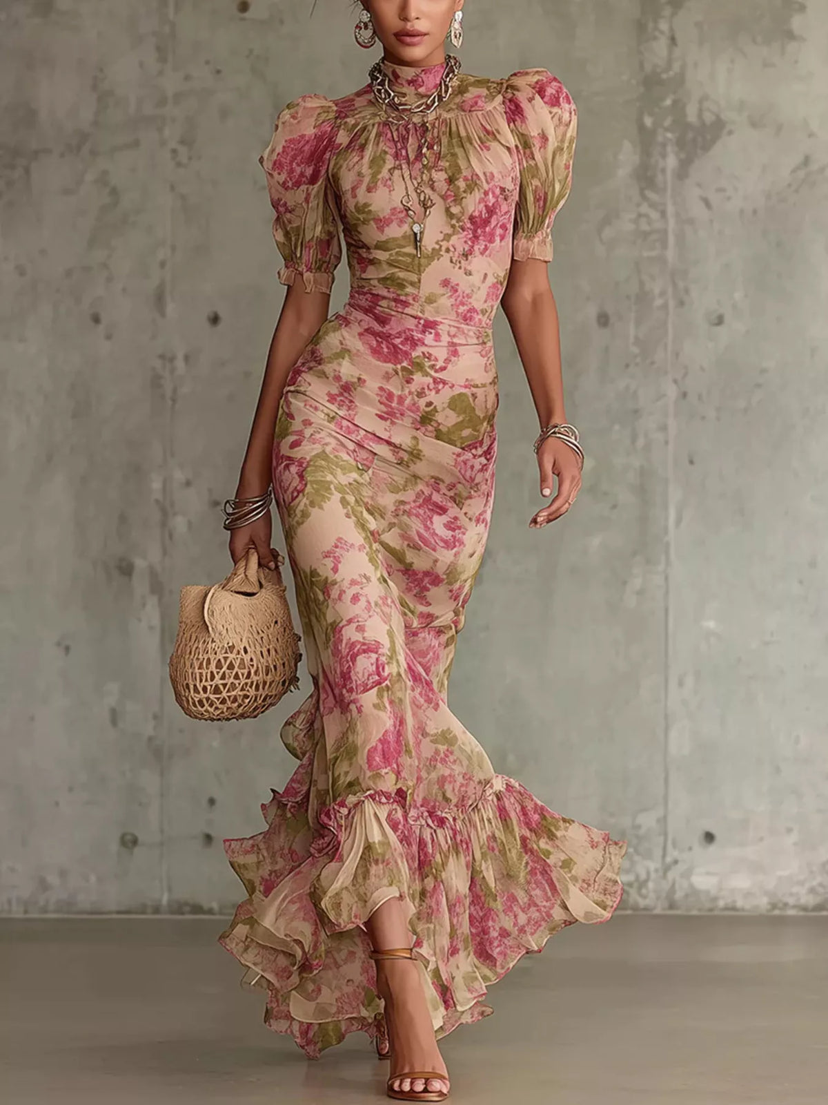 Floral high-neck puff-sleeve ruffle-hem maxi dress