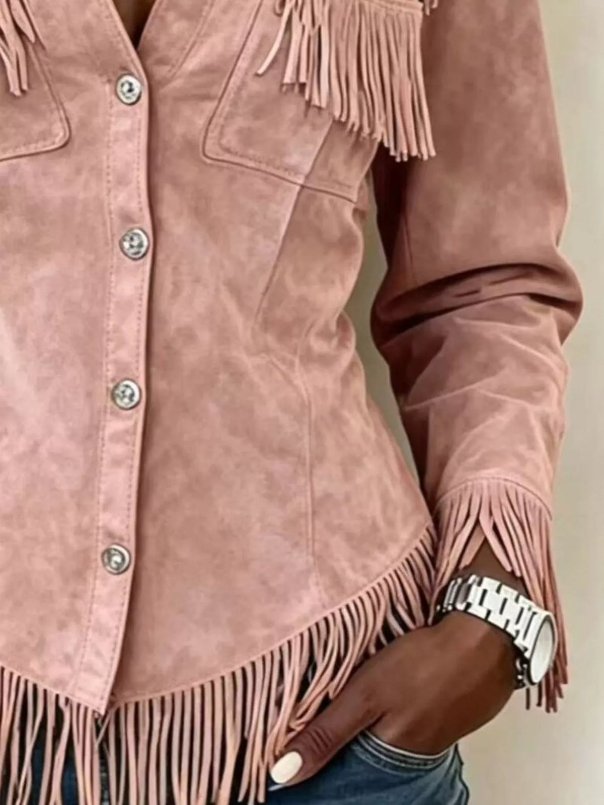 Fringed Snap Down Jacket in pink, pocket and cuff detail