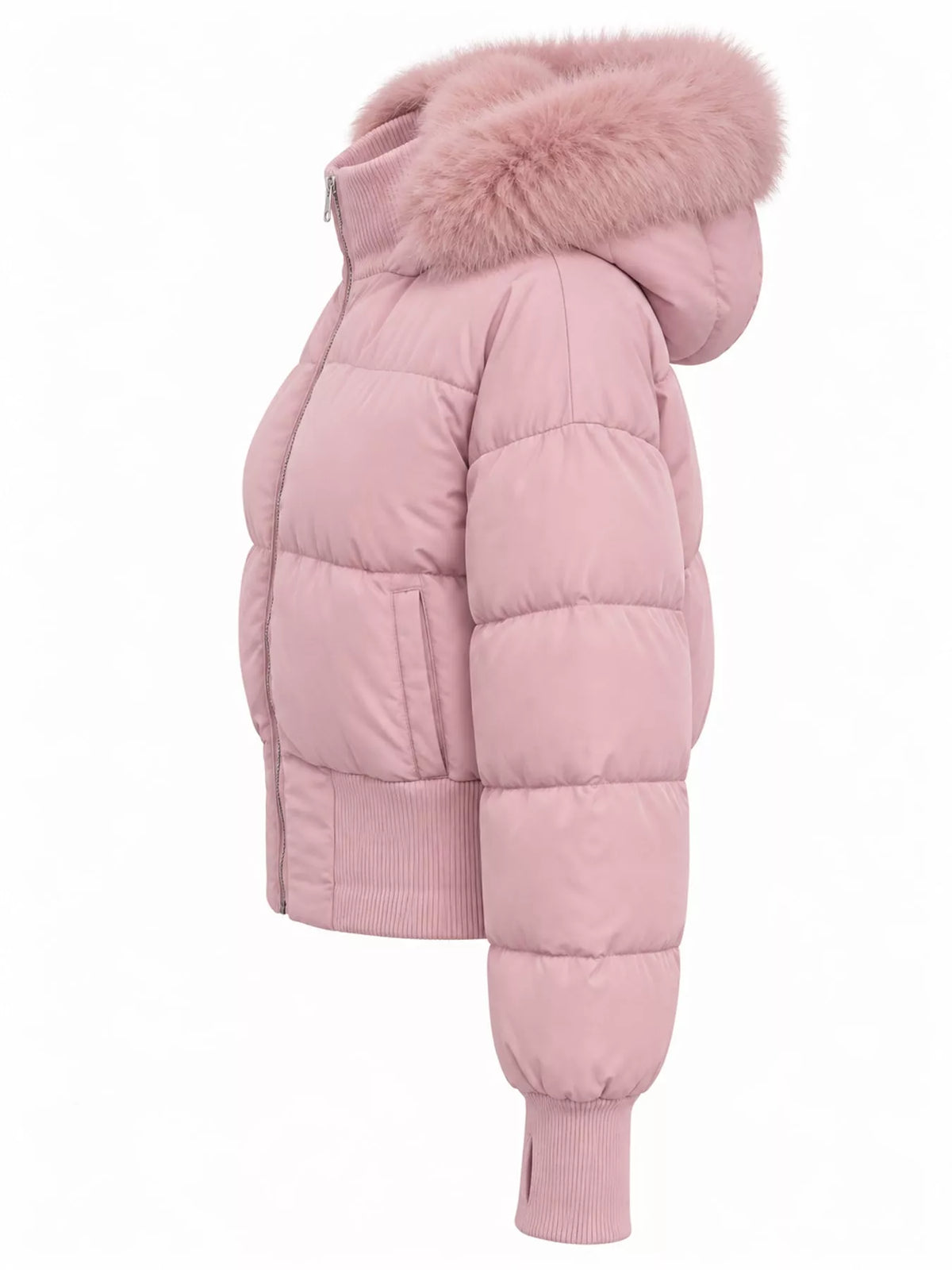 Faux Fur Hooded Puffer Jacket — side view