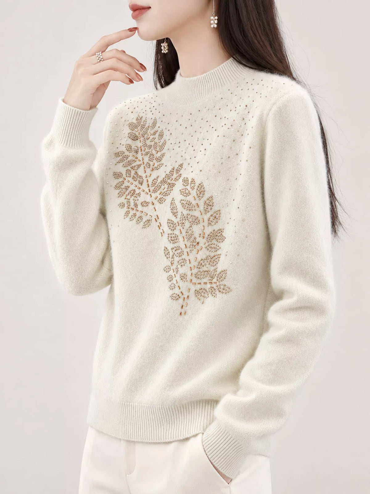 Rhinestone Leaf Mock Neck Sweater — front view