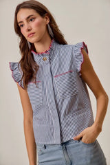 Trendsi SO ME Stripe Twill Stitch Ruffled Hidden Button Vest Top -
