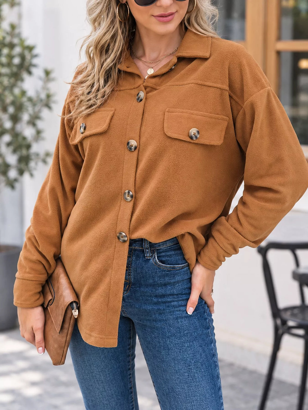 Women's Button-Down Long Sleeve Shacket in camel — front view