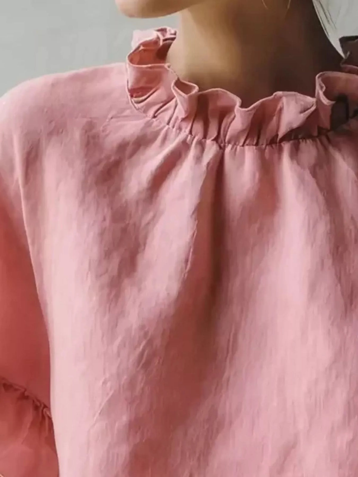 Pink Ruffle-Neck Short Sleeve Blouse, neckline detail