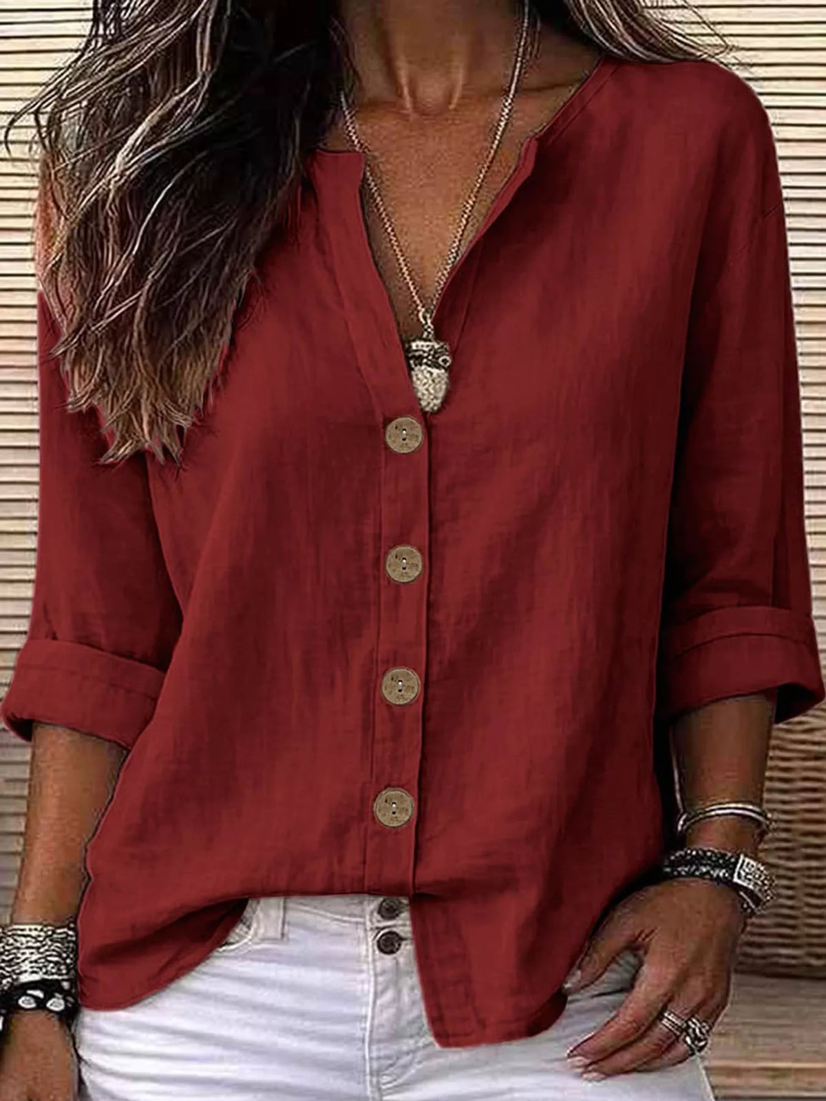 Notched-neck shirt, red front