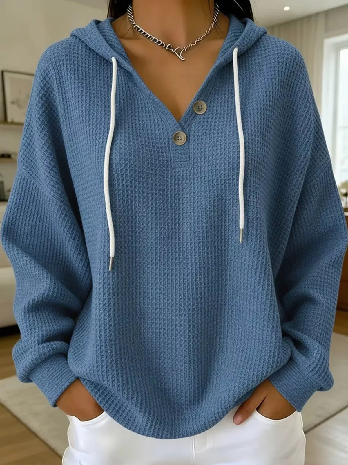Waffle-knit hoodie, dusty blue front
