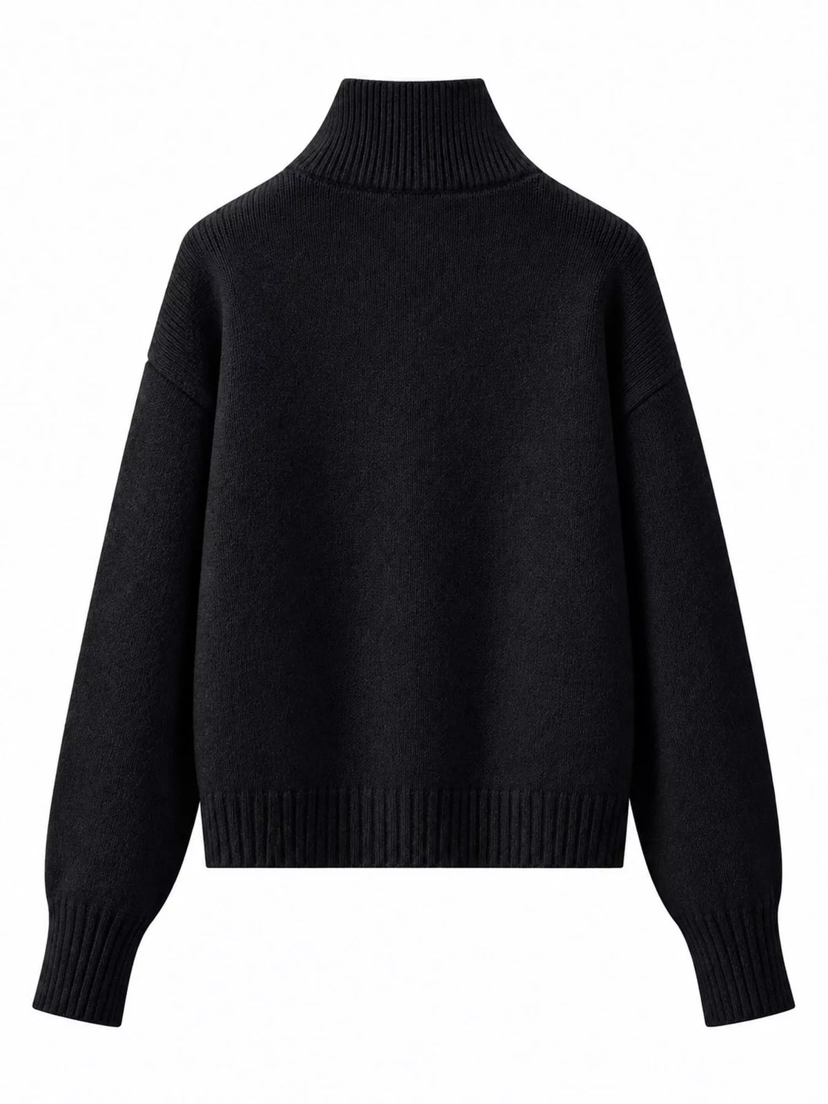 Black turtleneck zip-up cardigan, back view