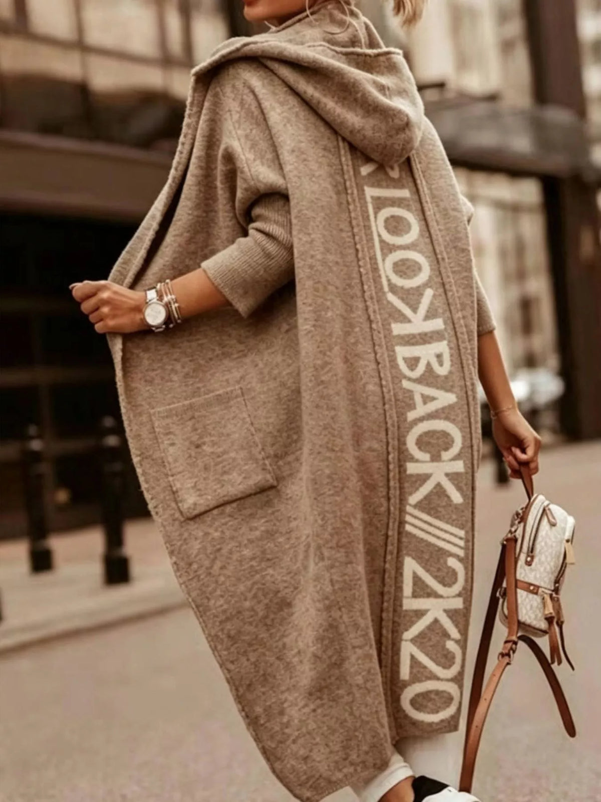 Women's Letter Back Hooded Cardigan in Light Brown, front view