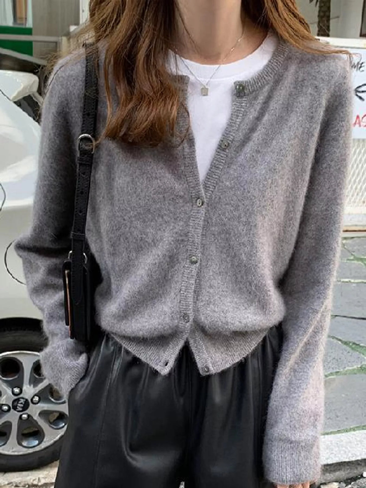 Women's Crew Neck Button-Down Knit Cardigan in gray — front view