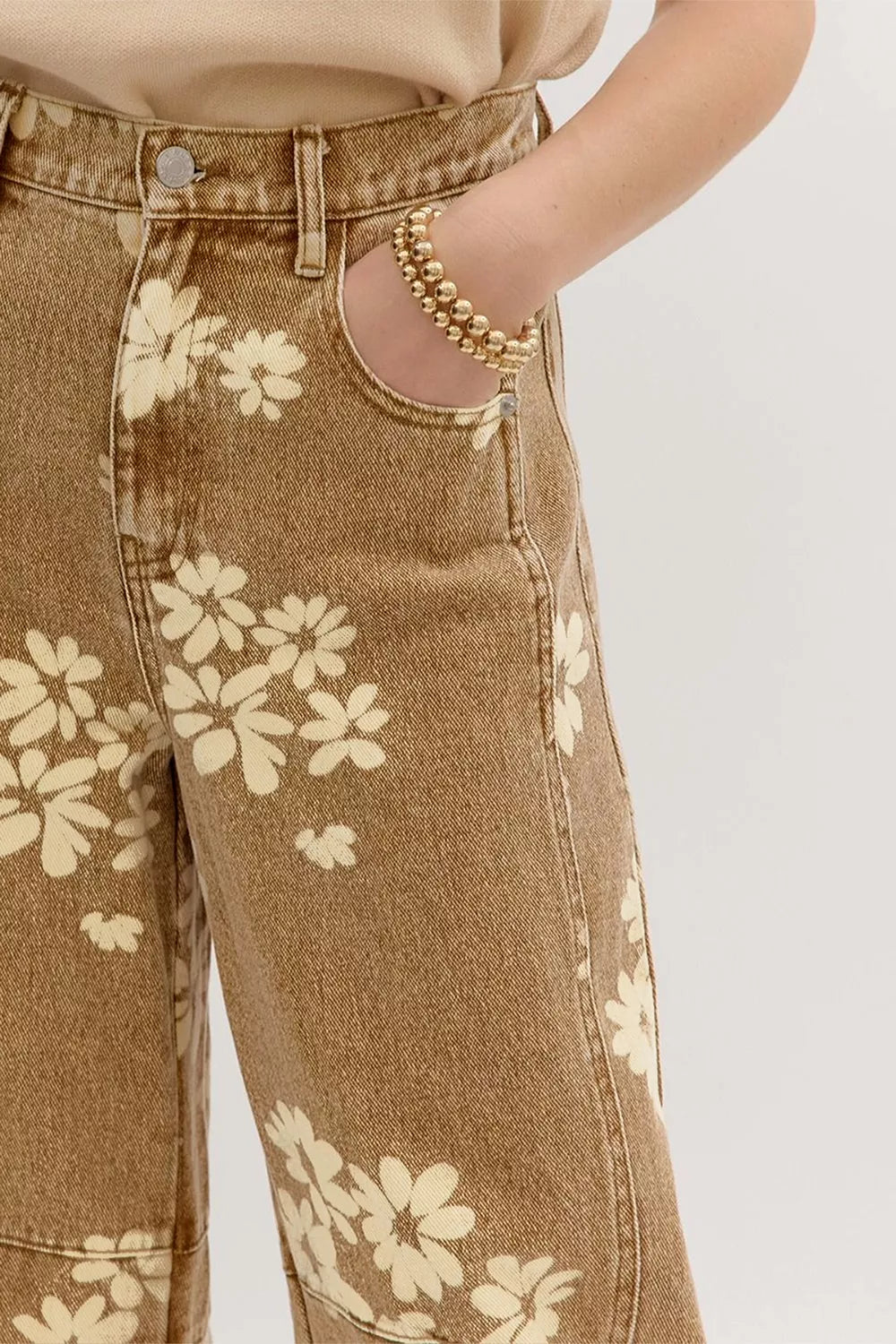 Trendsi Floral Print Metal Button Pleated Straight Leg Jeans -