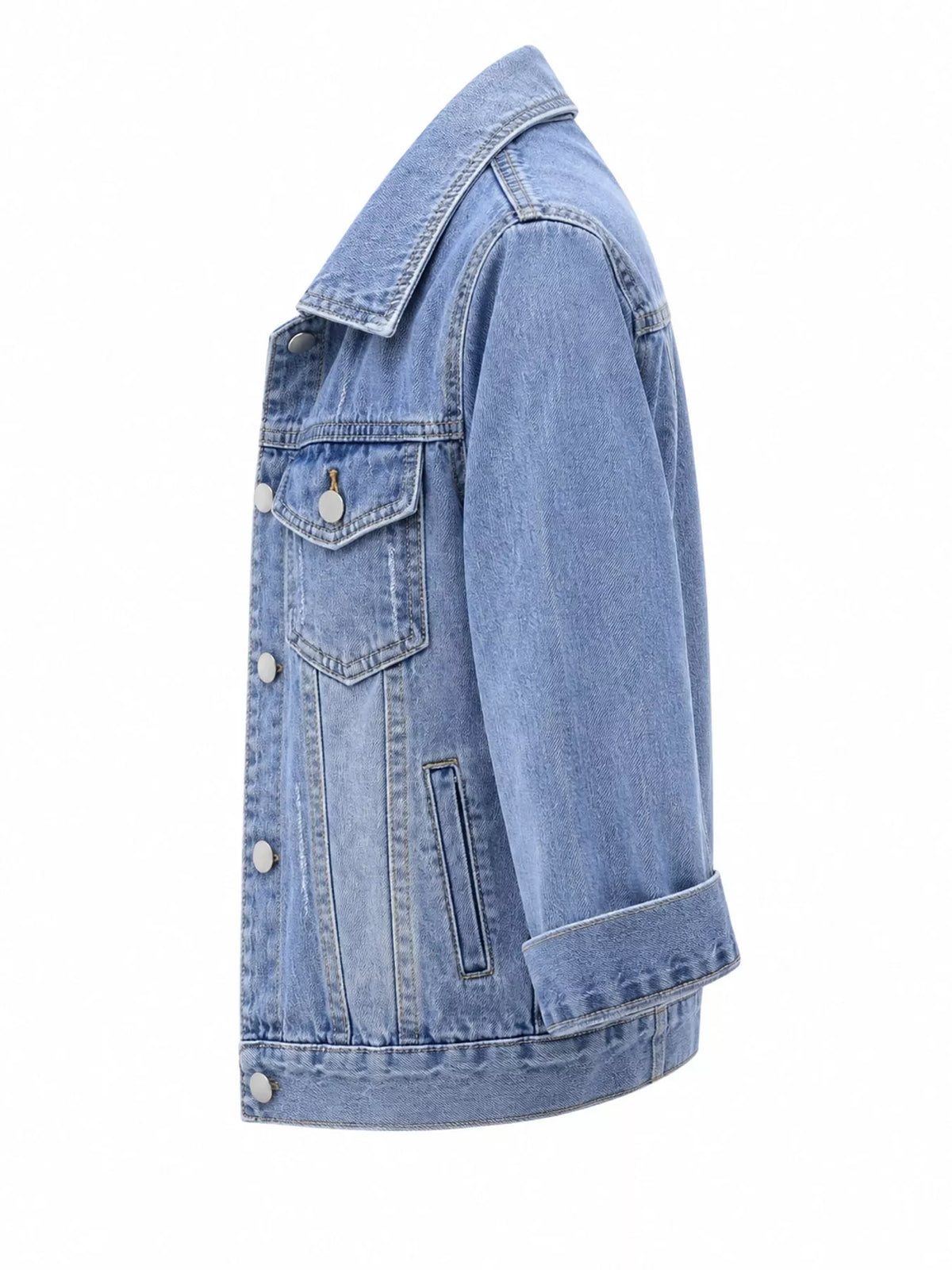 Light blue washed denim mid-sleeve jacket, side view