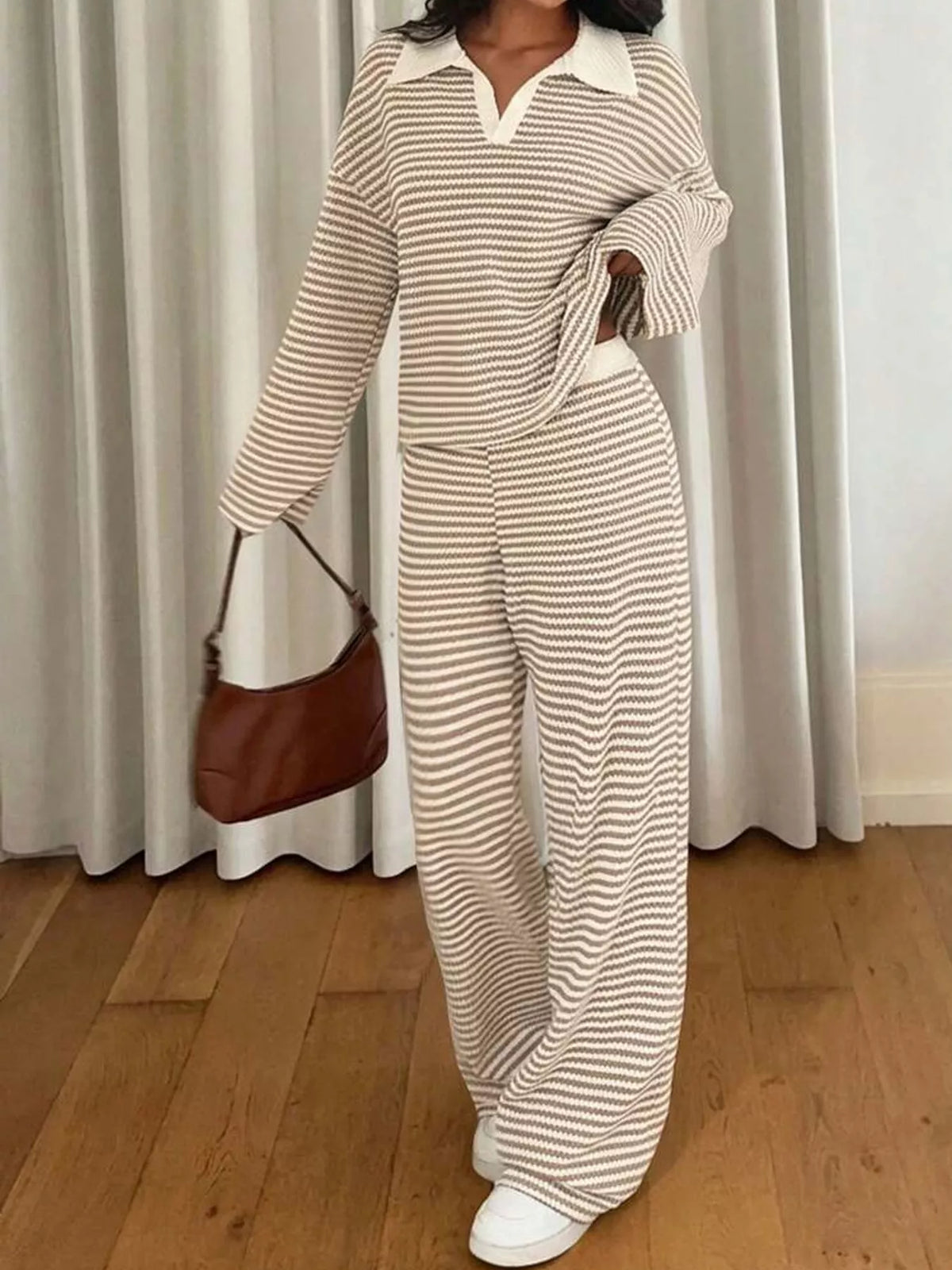 Striped Knit Polo Top and Wide-Leg Pants Set in cream and brown