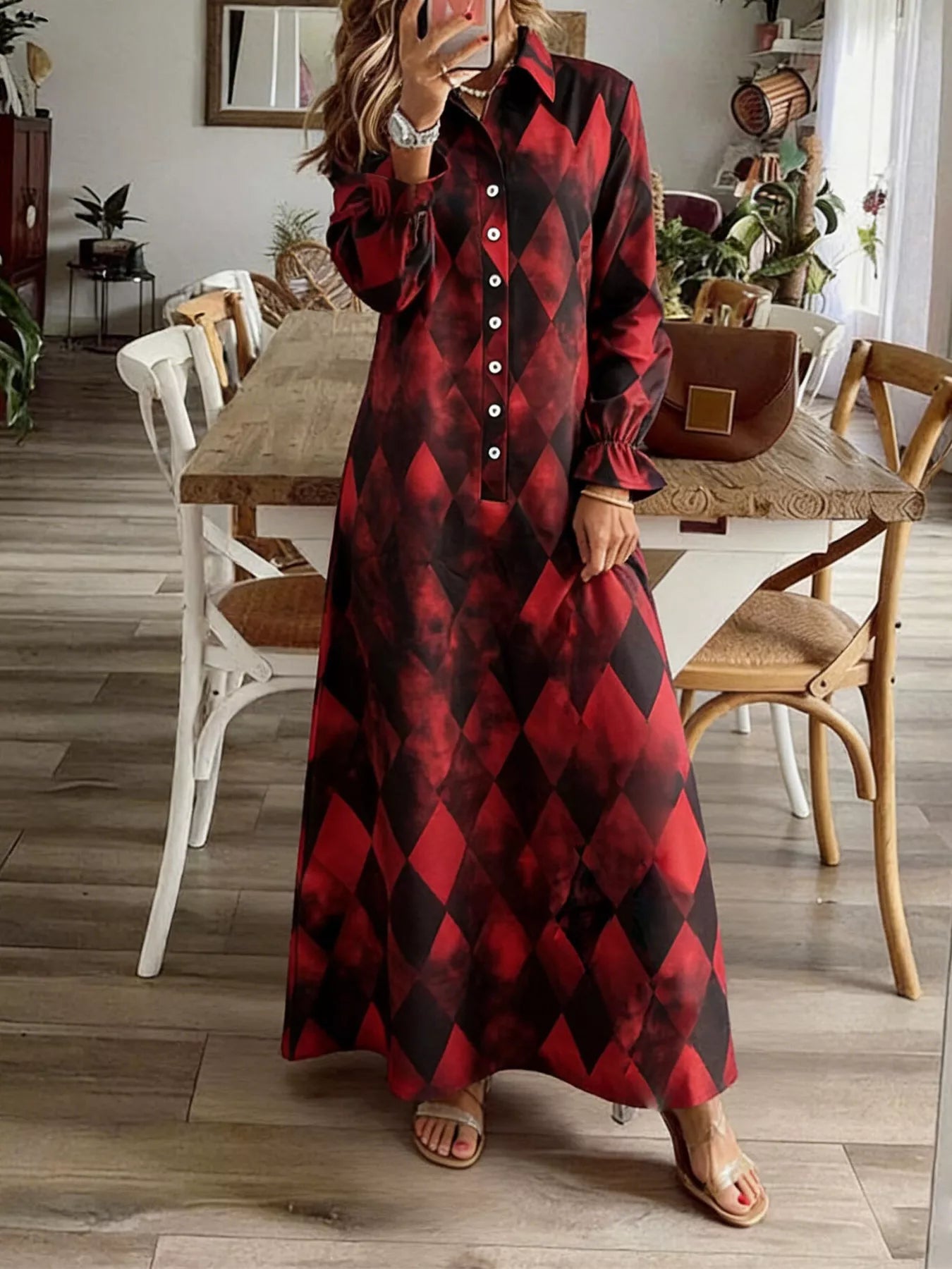 Trendsi Argyle Print Button-Down Maxi Dress -