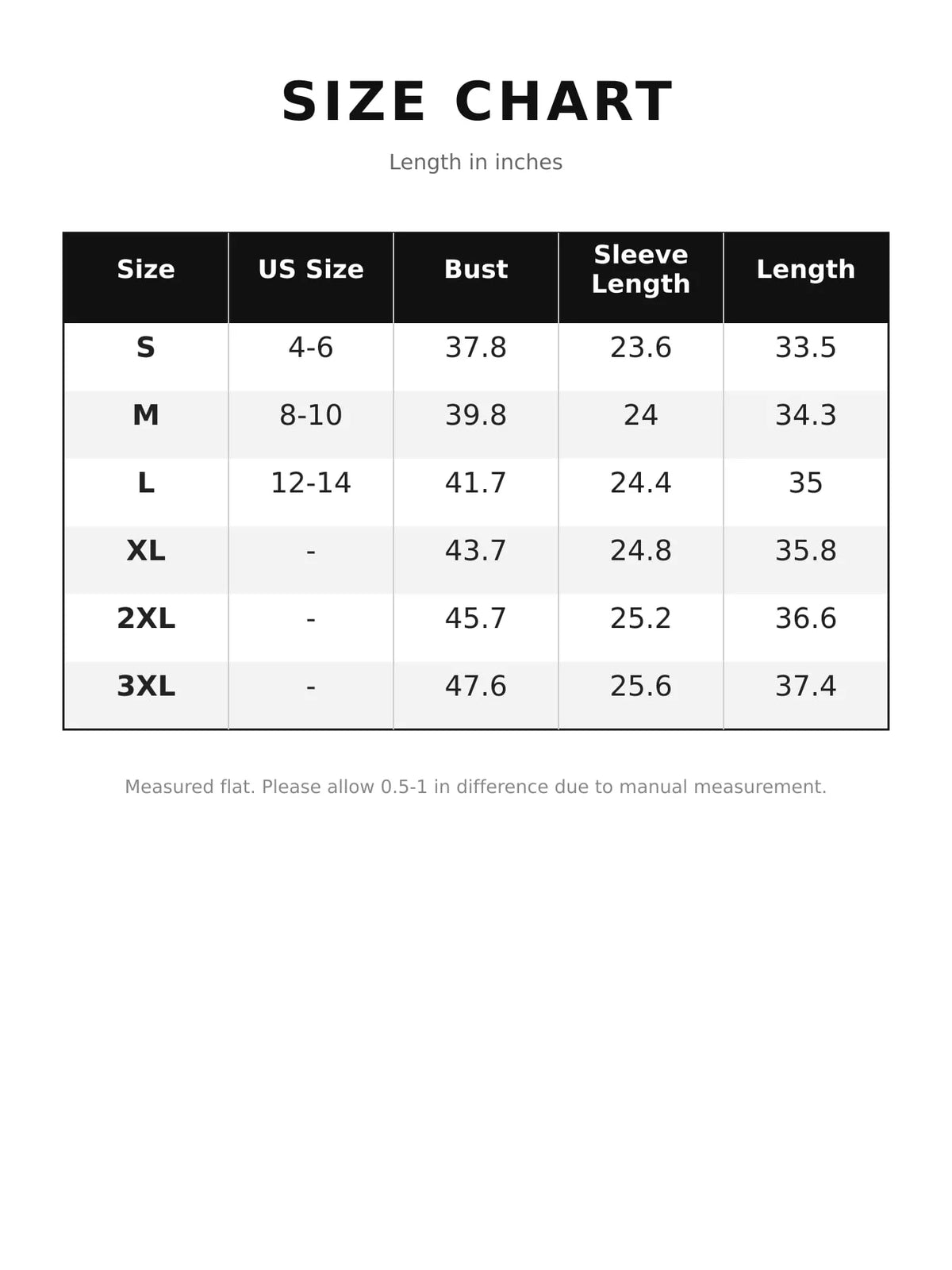 Cable Knit Button-Down Cardigan with Pockets — size and measurement chart