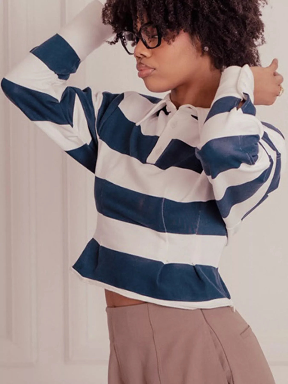 Collared long sleeve top, front view on model