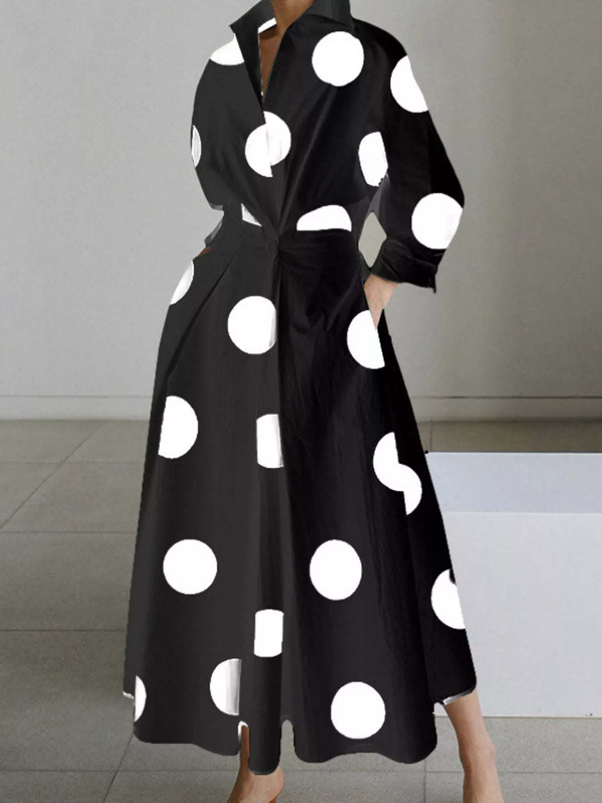 Collared Three-Quarter Sleeve Midi Shirt Dress — front view
