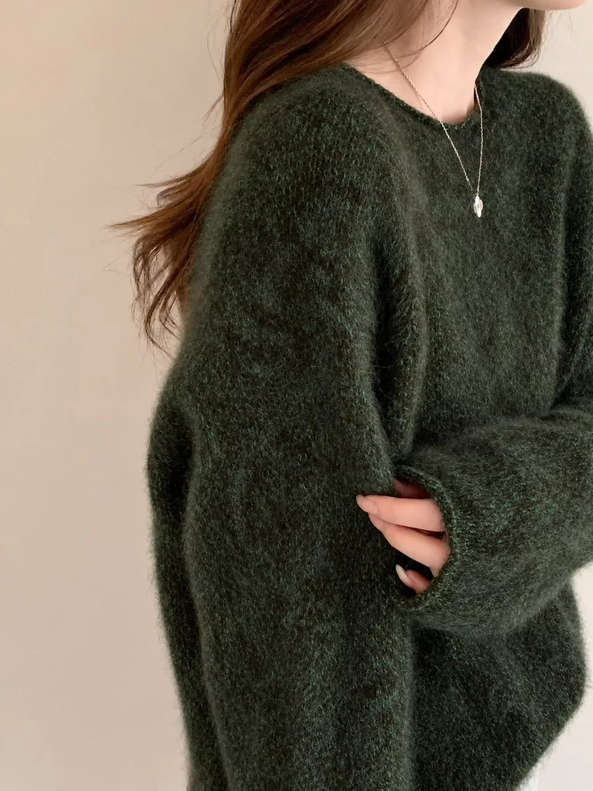 Round neck long sleeve sweater, side view
