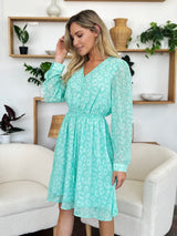 Trendsi Double Take Full Size Printed Ruched V-Neck Long Sleeve Dress -