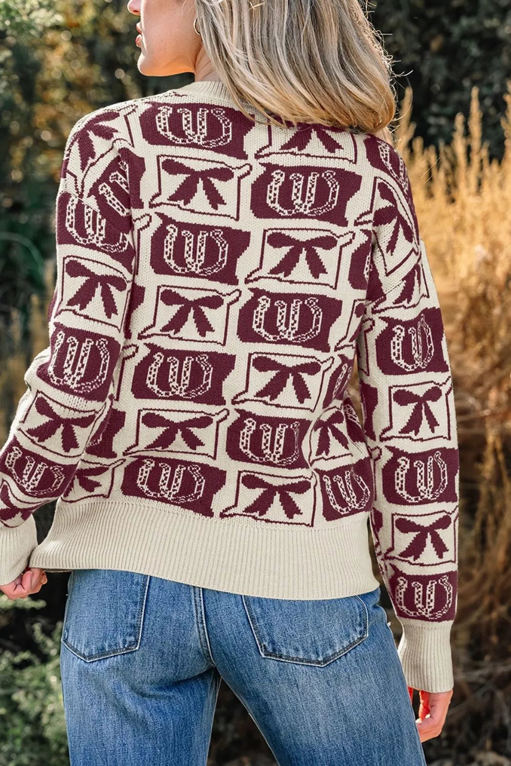 Trendsi Bows & Horseshoes Pattern Western Round Neck Sweater -