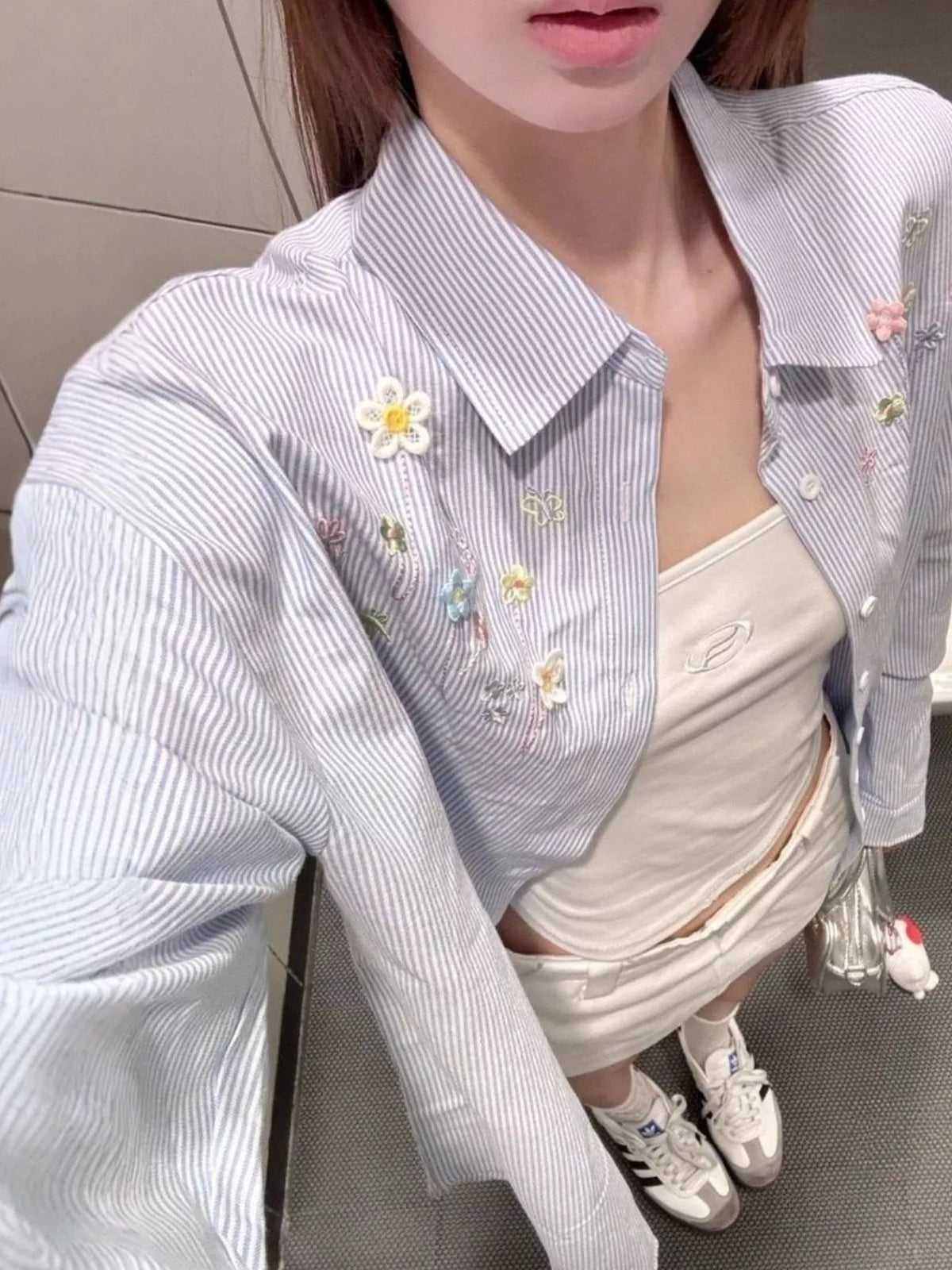 Striped Floral Embroidered Oversized Shirt, detail view in blue and white