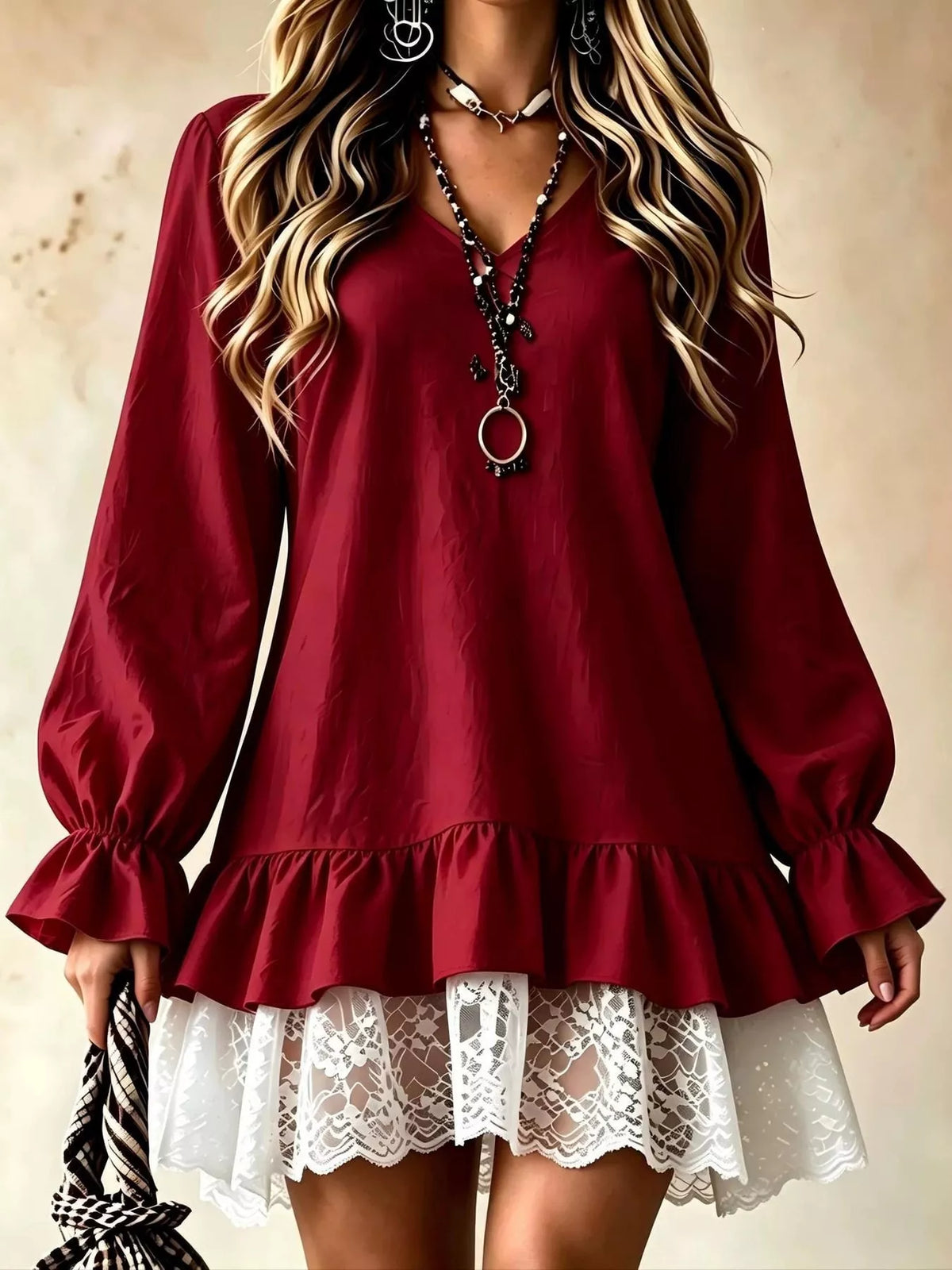 Lace-hem dress, burgundy front
