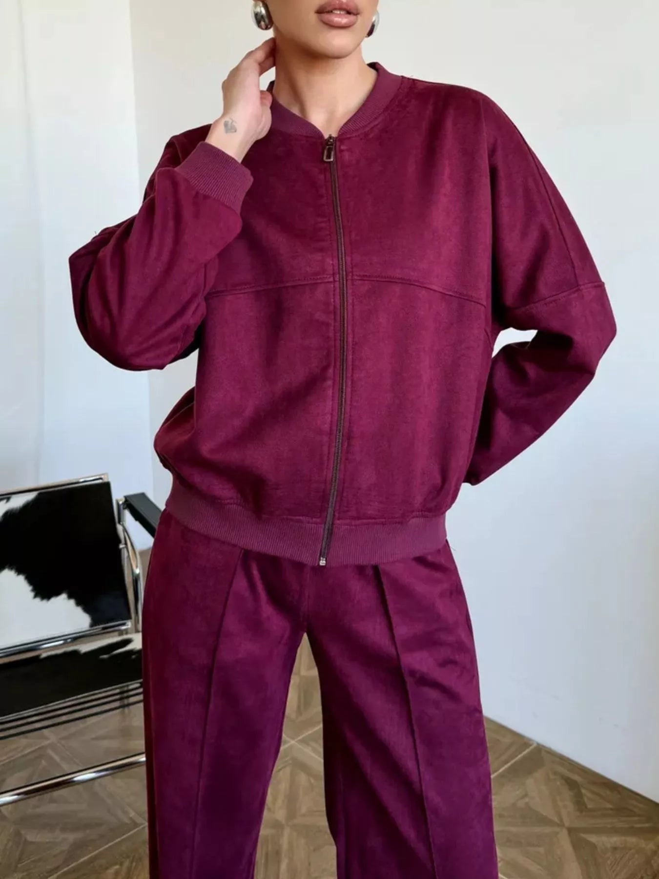 Trendsi Zip Up Sweatshirt and Wide-Leg Pants Set -