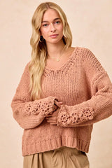 Trendsi BiBi Chunky Knit Sweater with Flower Detail Sleeves -