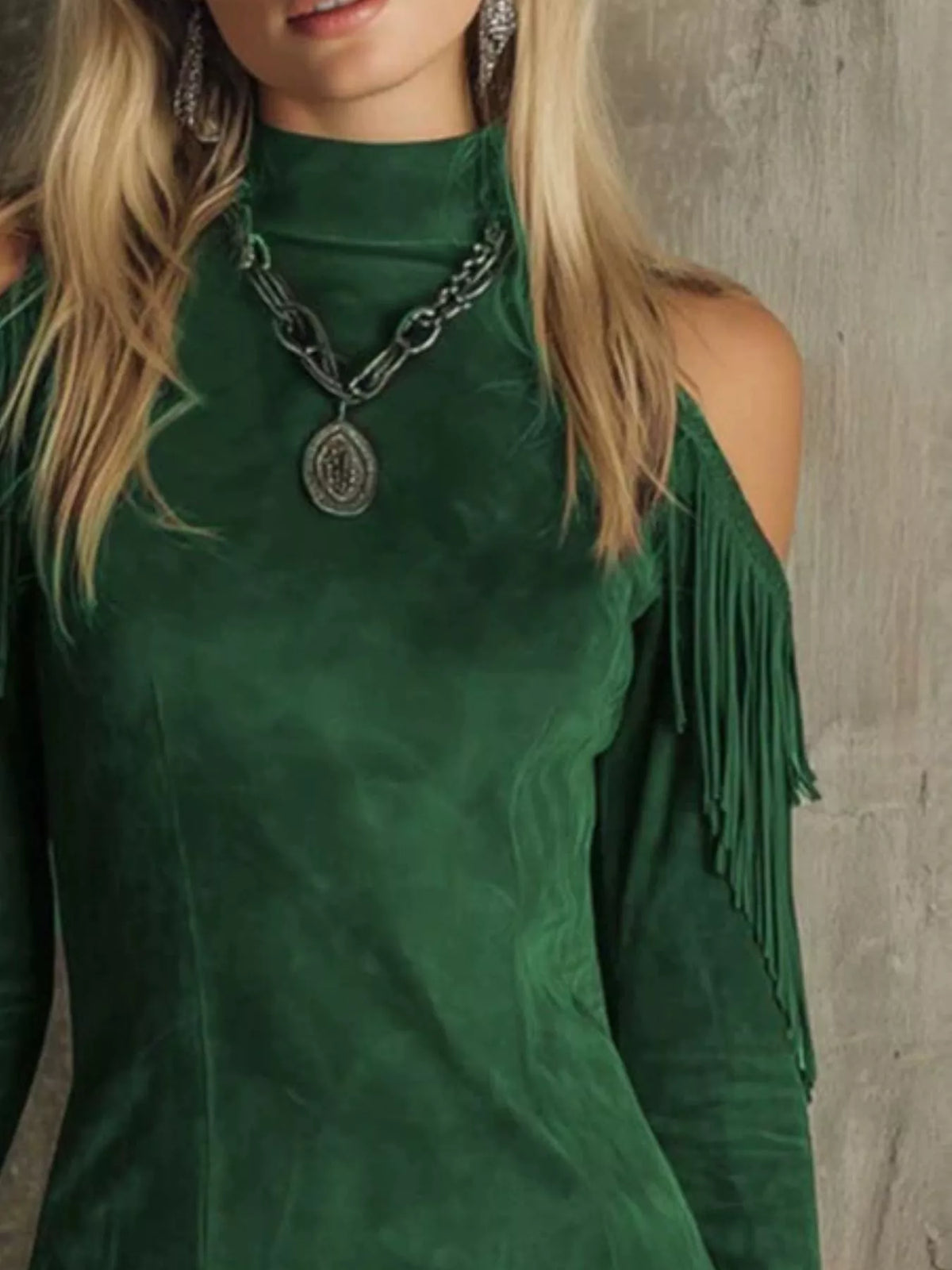 Trendsi Fringed Cold Shoulder Mini Dress -