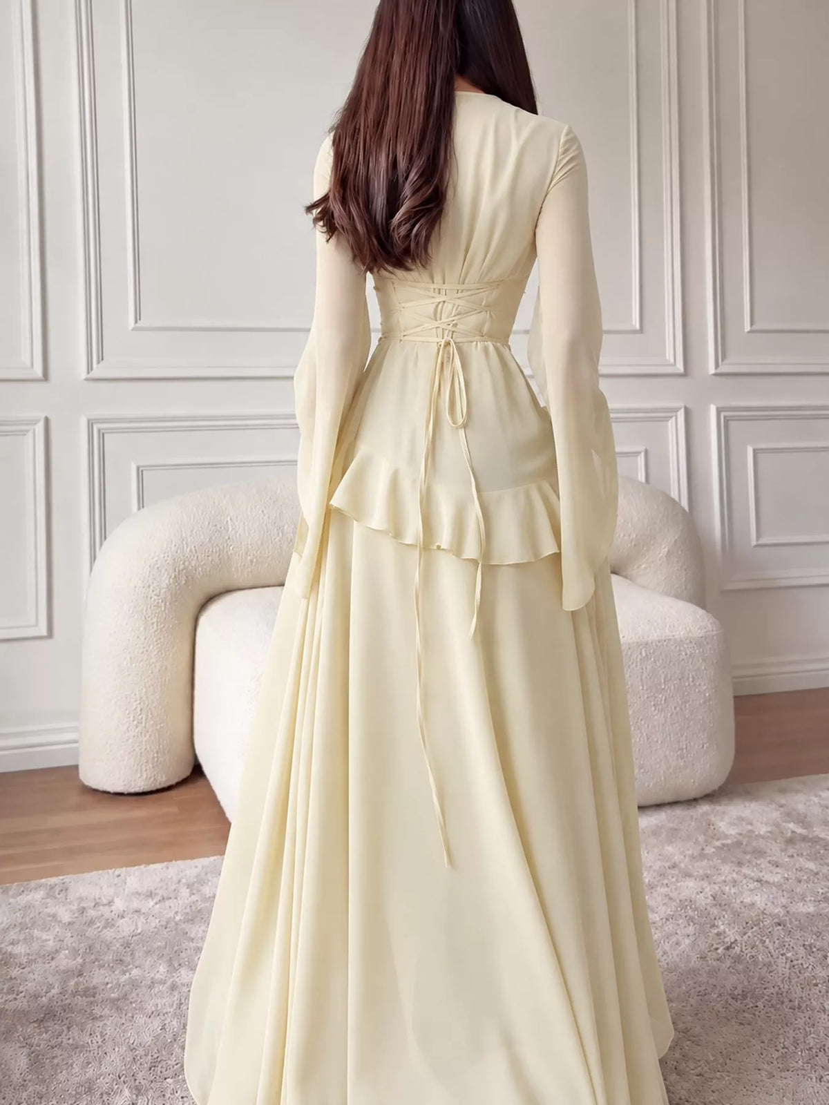 Ivory ruffled flare sleeve maxi dress, back view