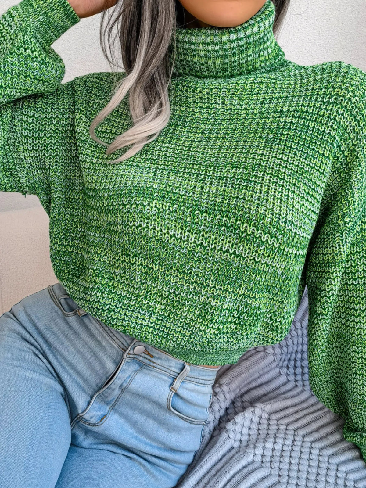 Turtleneck Dropped Shoulder Sweater in green, front view