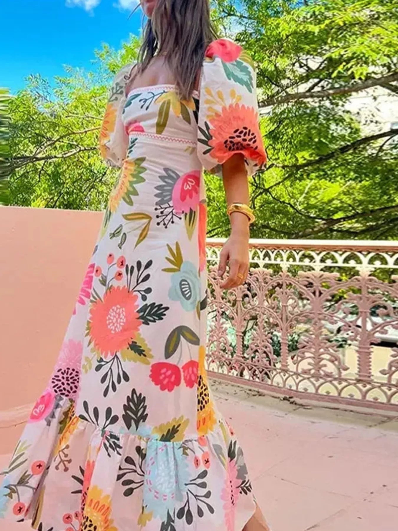Trendsi Full Size Floral Print Puff Sleeve Maxi Dress Plus Size -
