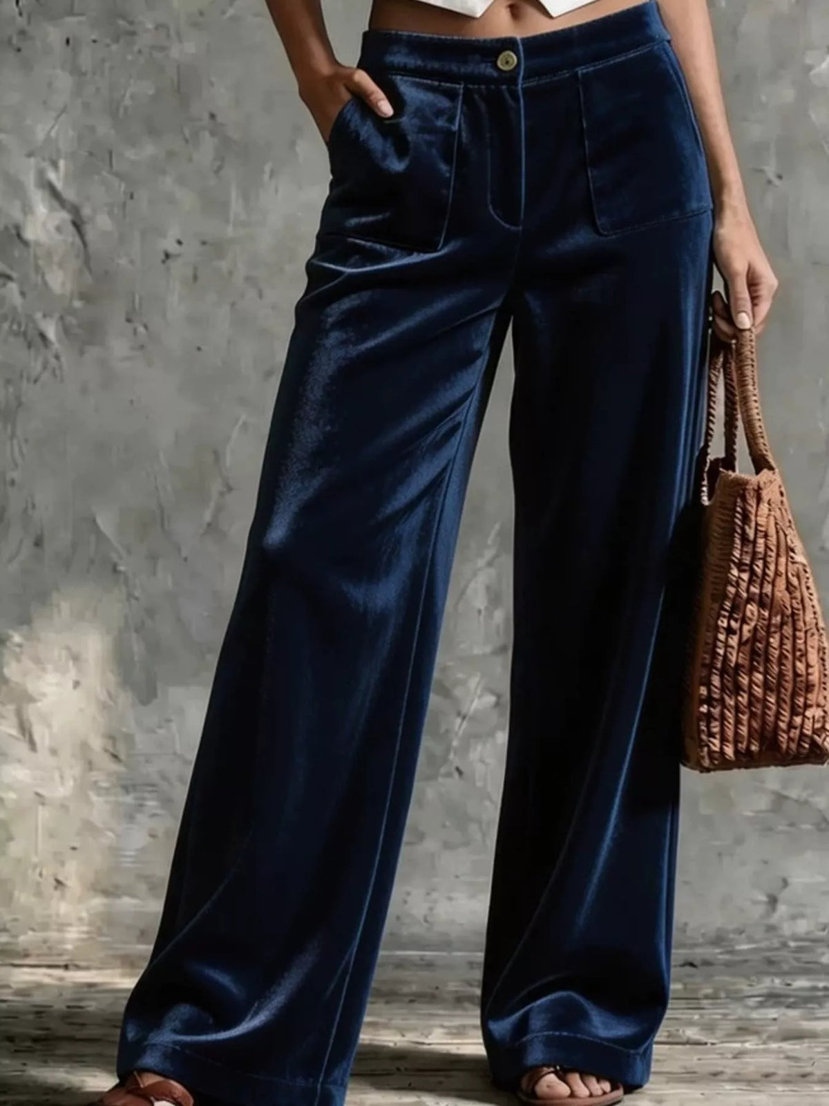 Dark Blue high-waisted wide-leg velvet pocket pants