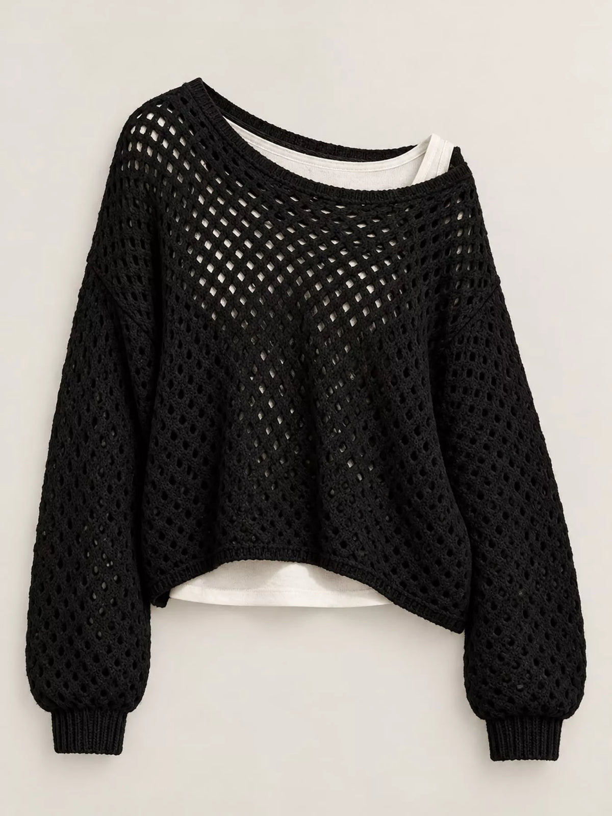 Black openwork boat neck knit cover-up, product view