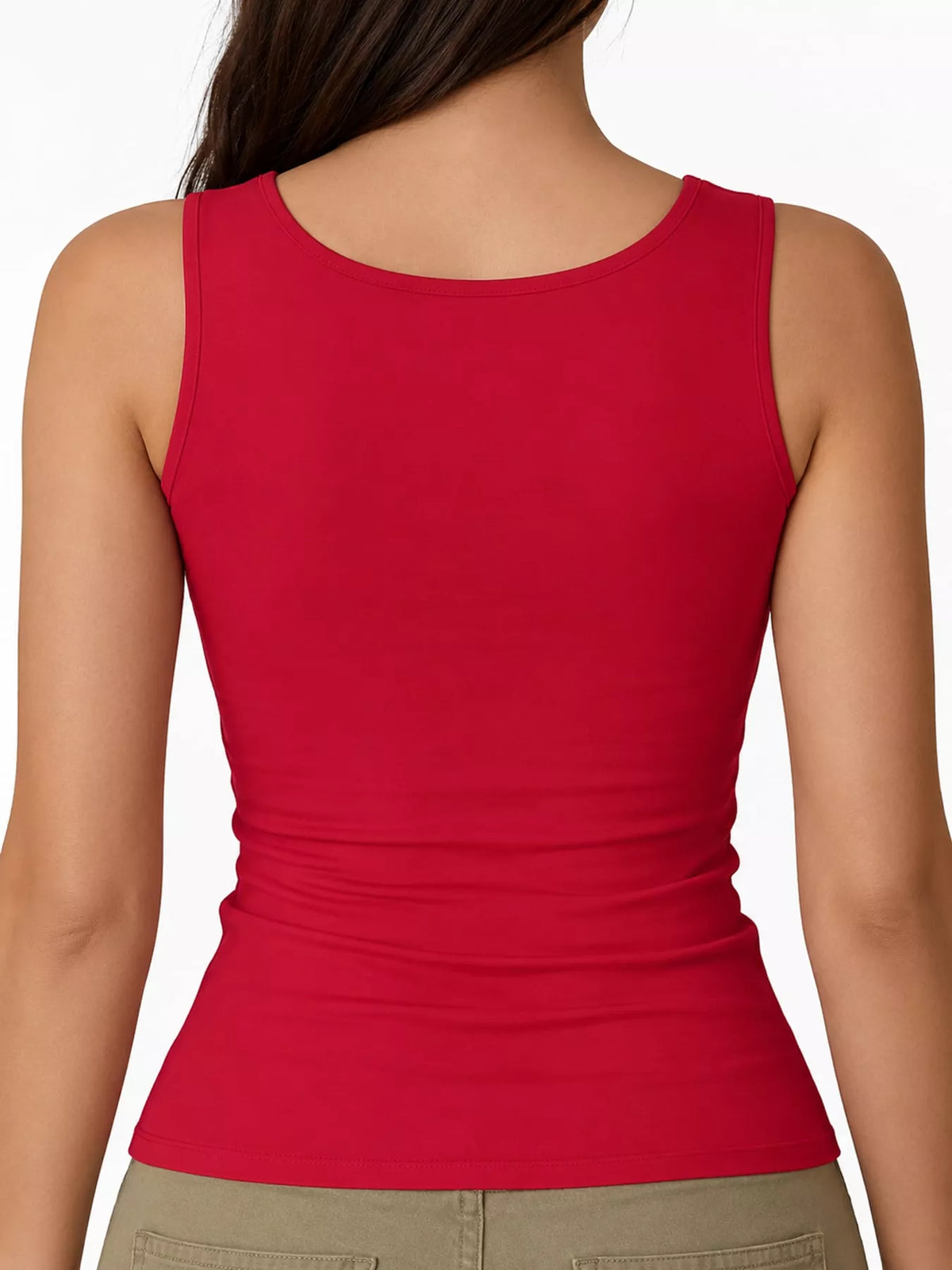 Red square-neck tank, back view