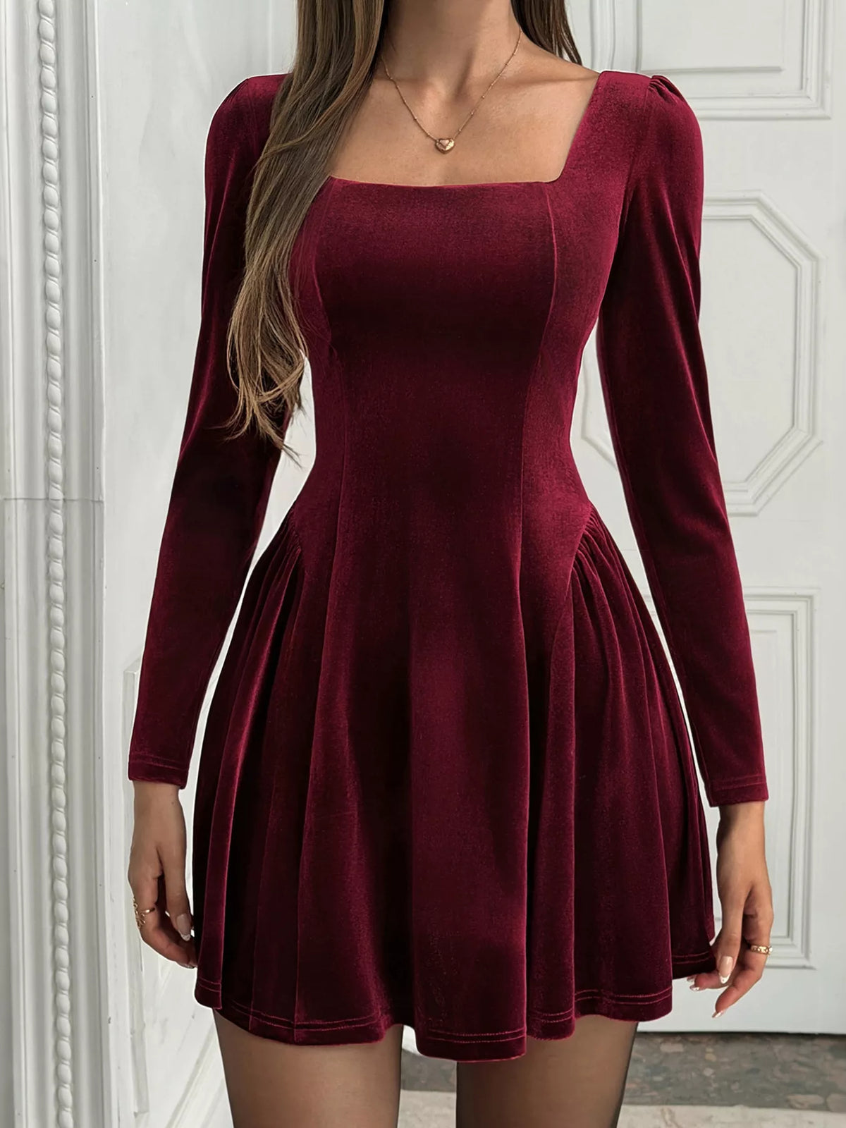 Velvet Square Neck Long Sleeve Mini Dress, front view