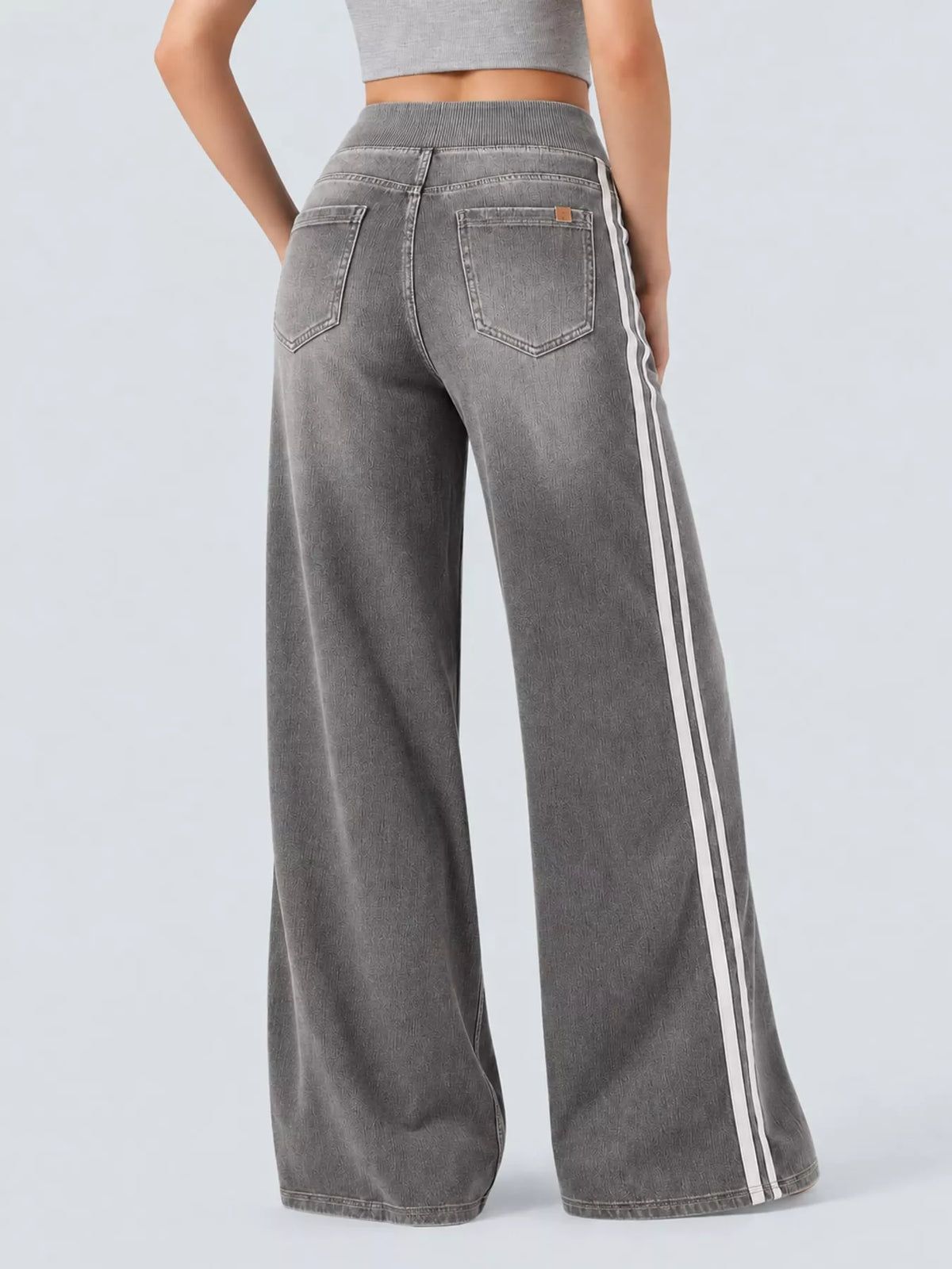 Wide-Leg Side-Stripe Jeans, back view in gray