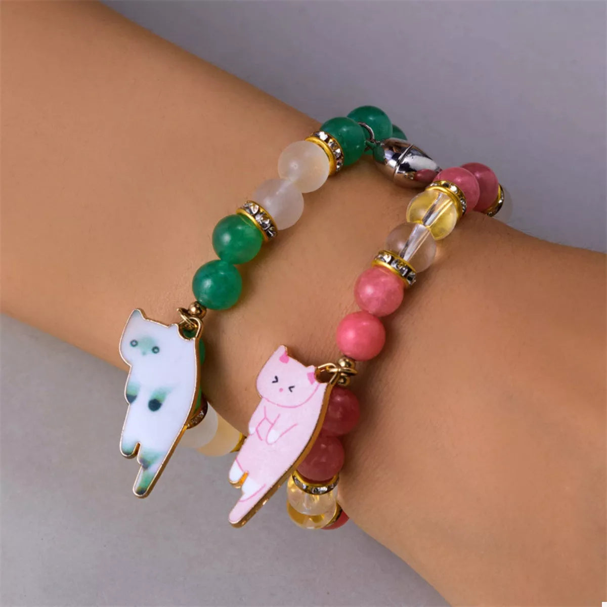 Trendsi 2 Piece Beaded Cat Charm Bracelet -