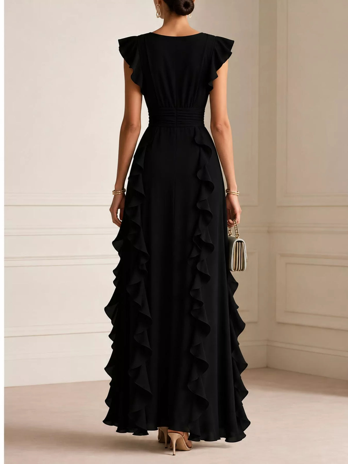 Black ruffled surplice maxi dress, back view